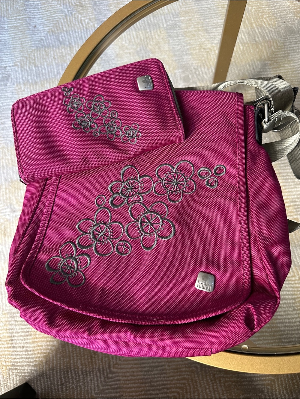 Haiku Magenta Crossbody Bag with Gray Floral Embroidery
